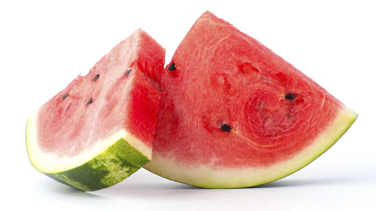 Two slices of watermelon on a white background. 